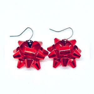 Red Christmas Holiday Bow Drop Dangle Earrings